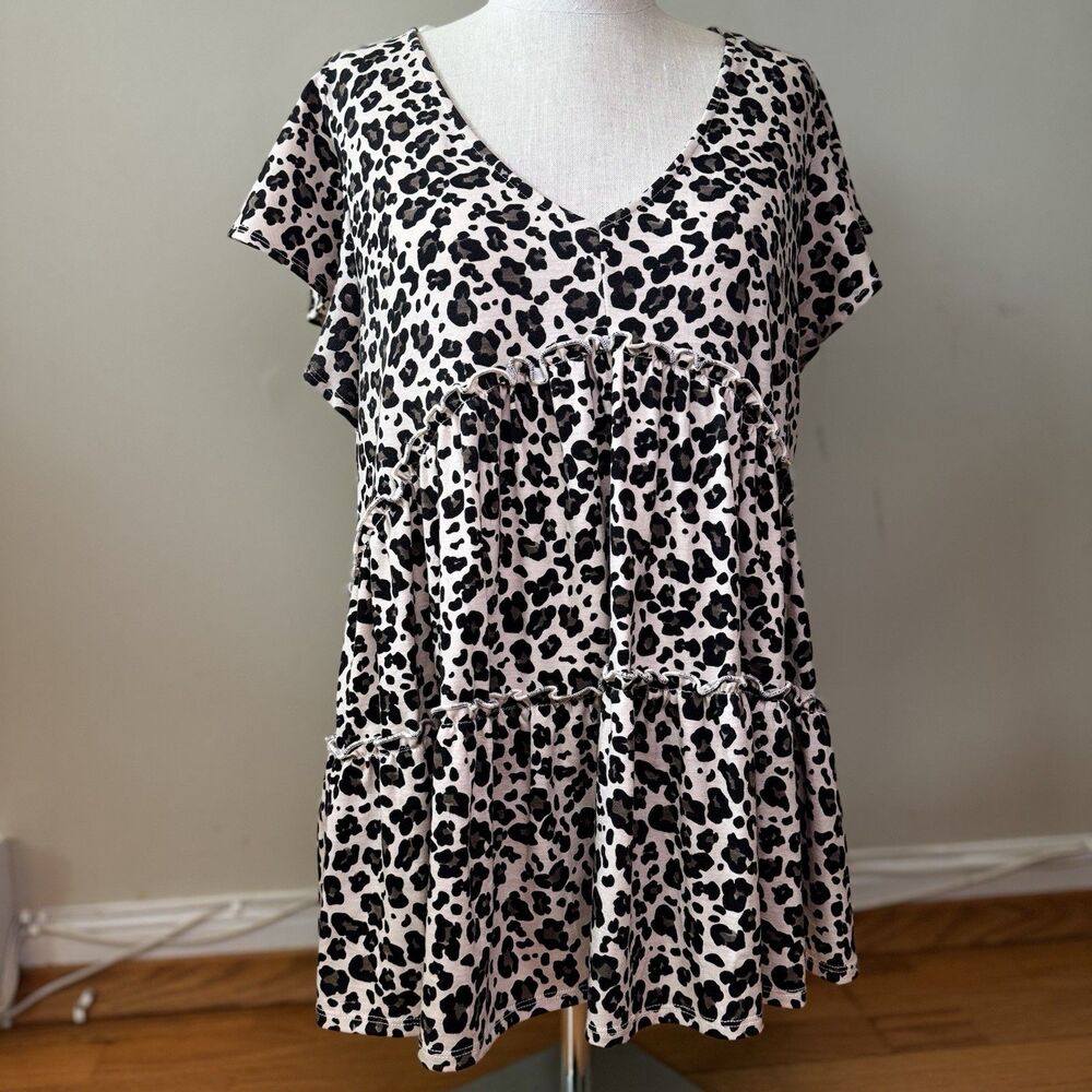 Altard State Leopard Print Babydoll V-neck Top L Boho Ruffles Coquette Flowy